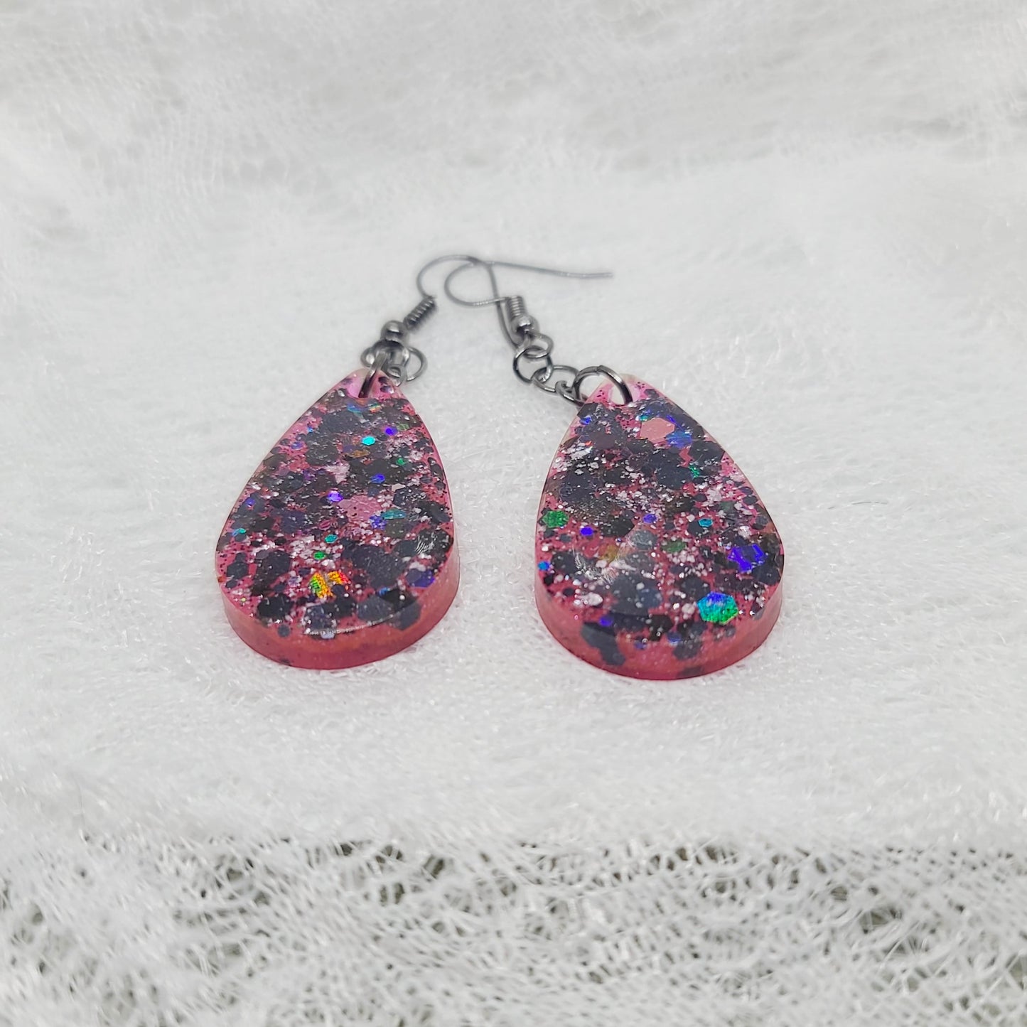 Pink & Chunky Black Glitter Teardrops Earrings