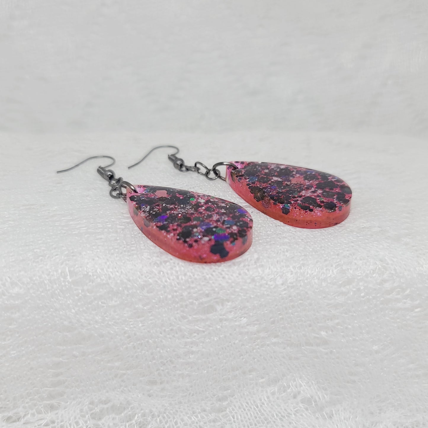 Pink & Chunky Black Glitter Teardrops Earrings
