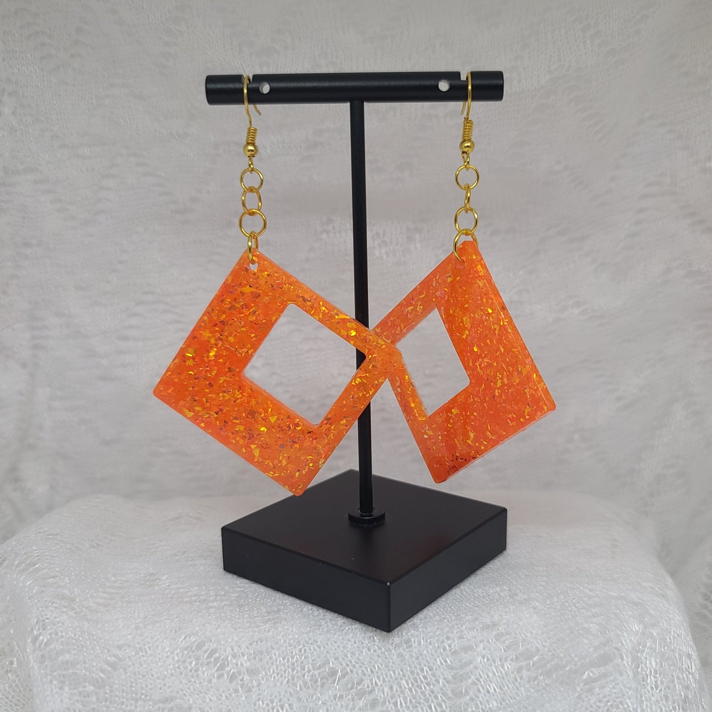 Large Orange & Gold Glitter Statement Dangle Earrings