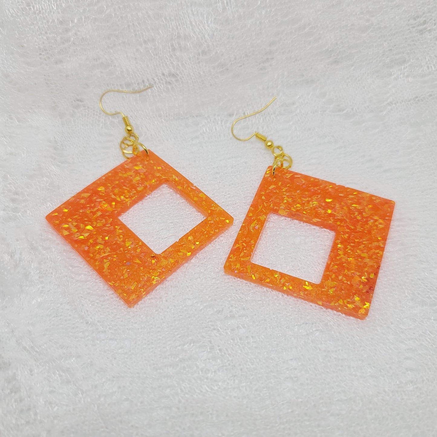 Large Orange & Gold Glitter Statement Dangle Earrings