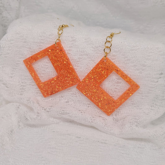 Large Orange & Gold Glitter Statement Dangle Earrings
