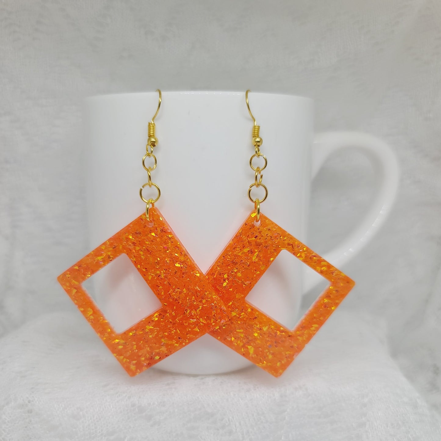 Large Orange & Gold Glitter Statement Dangle Earrings