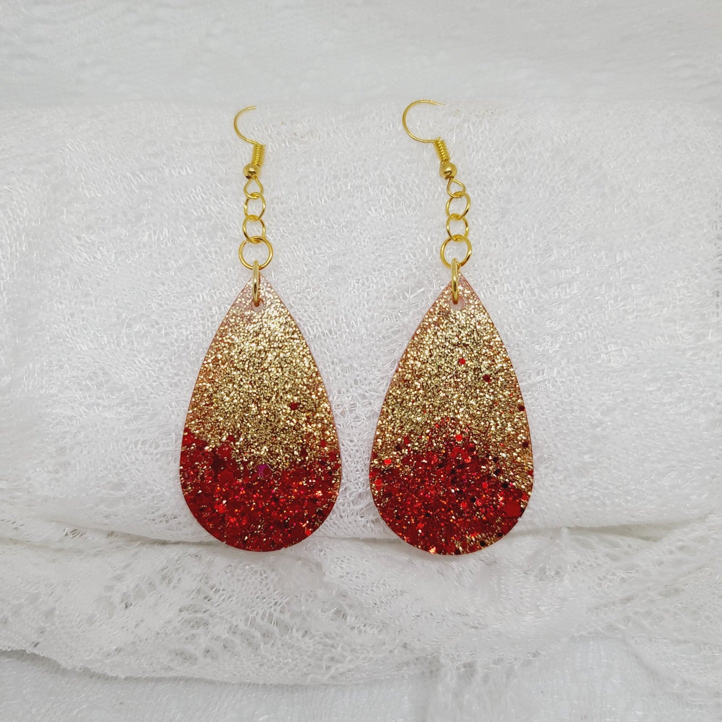 Gold & Red Glitter Teardrop Earrings