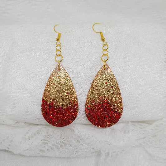Gold & Red Glitter Teardrop Earrings