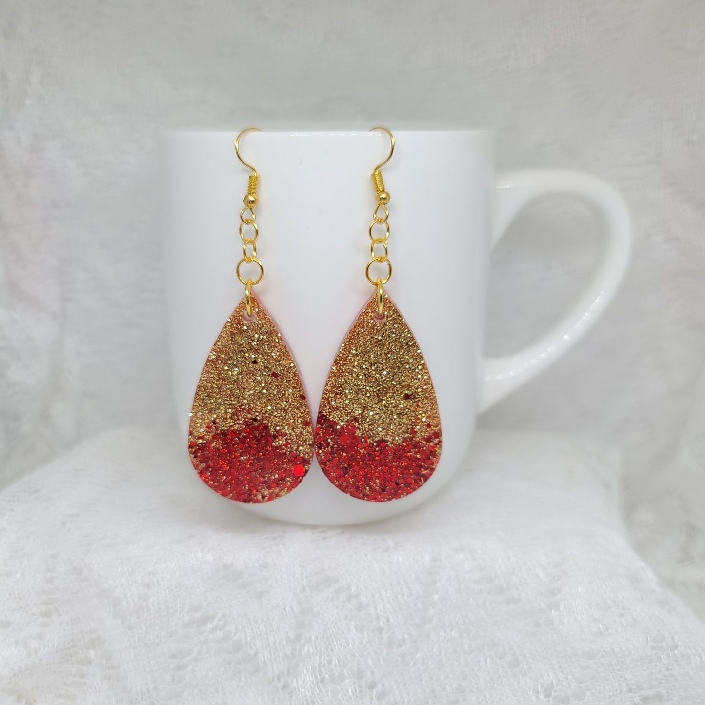 Gold & Red Glitter Teardrop Earrings
