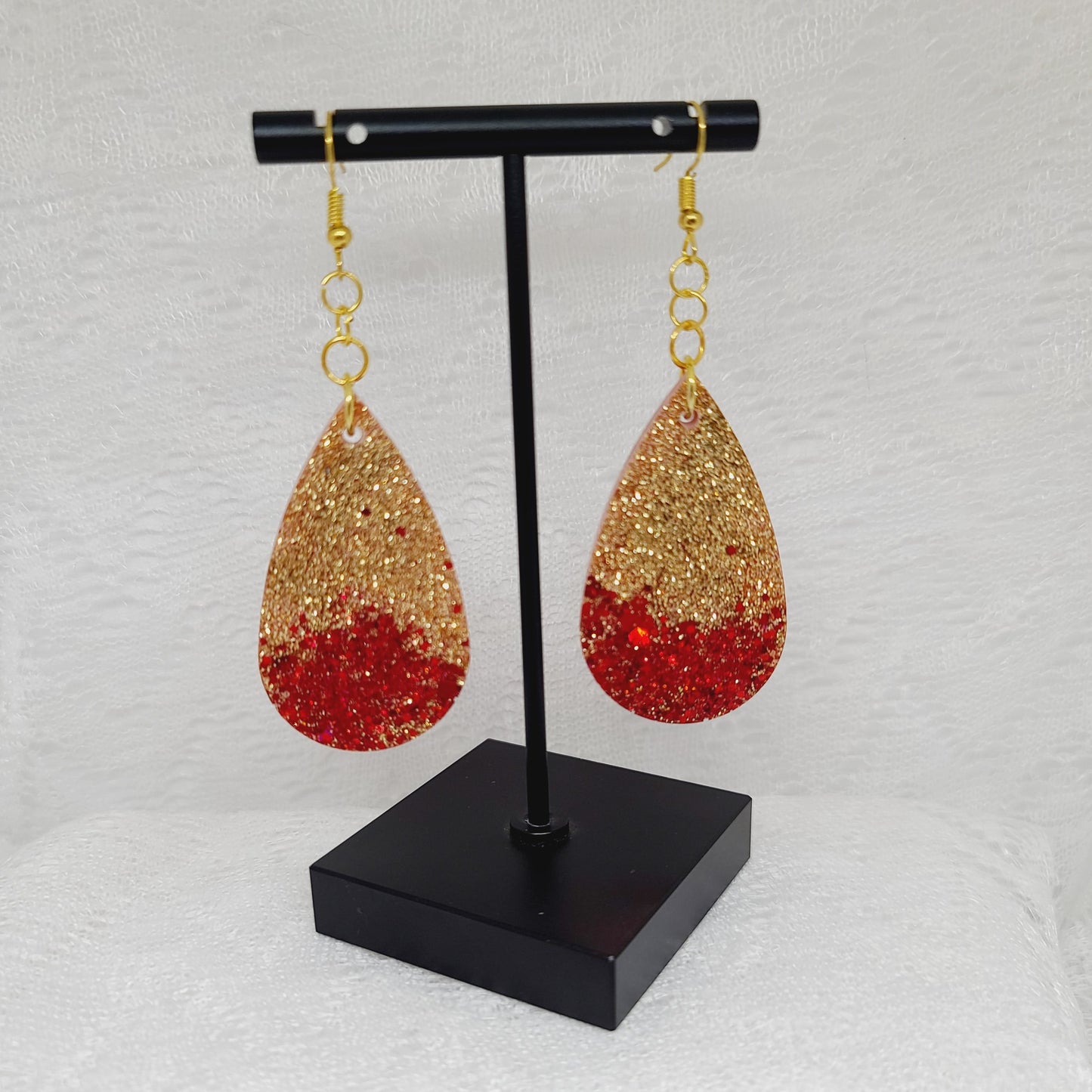 Gold & Red Glitter Teardrop Earrings
