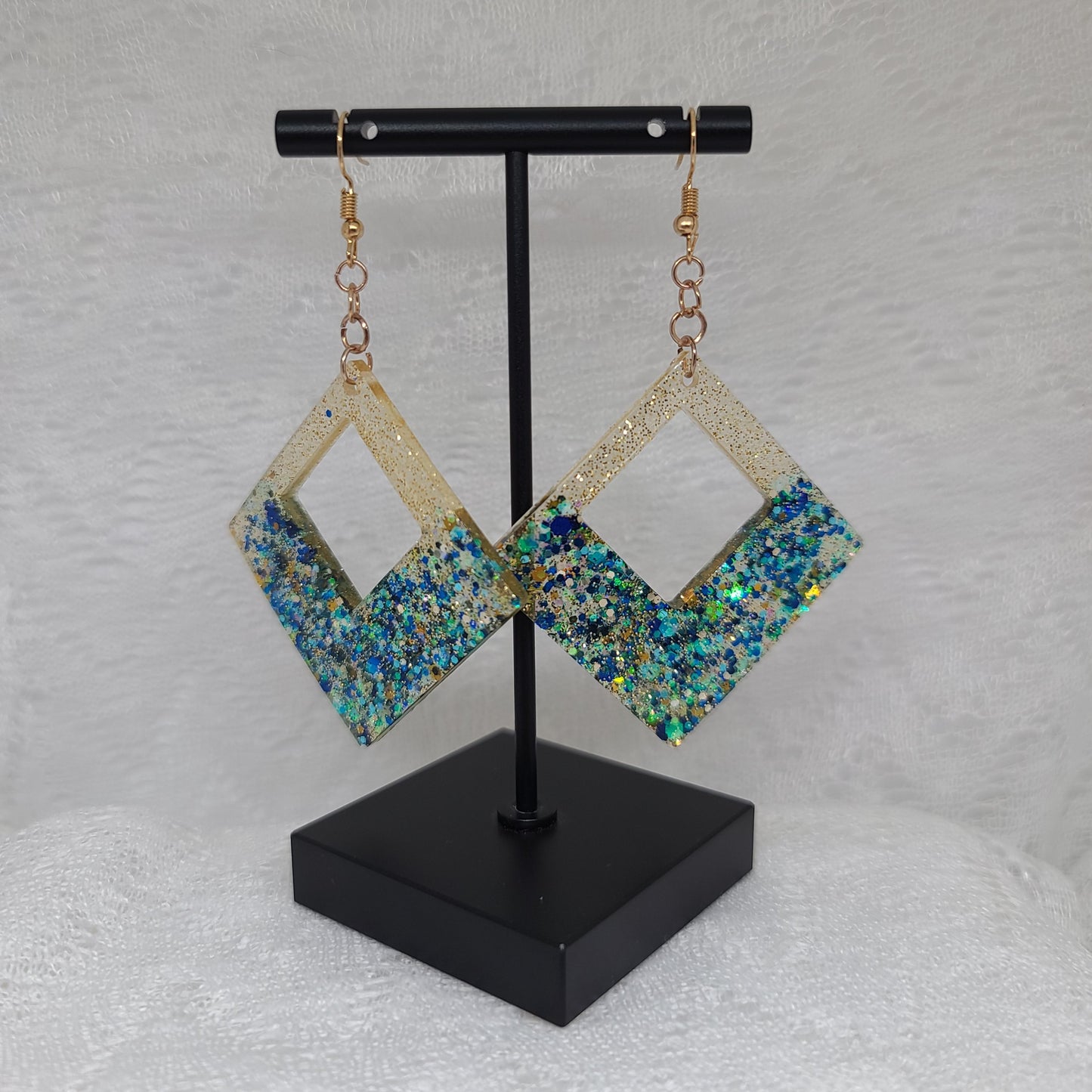 Large Green, Blue, & Gold Glitter Statement Earrings