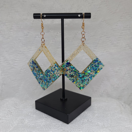Large Green, Blue, & Gold Glitter Statement Earrings