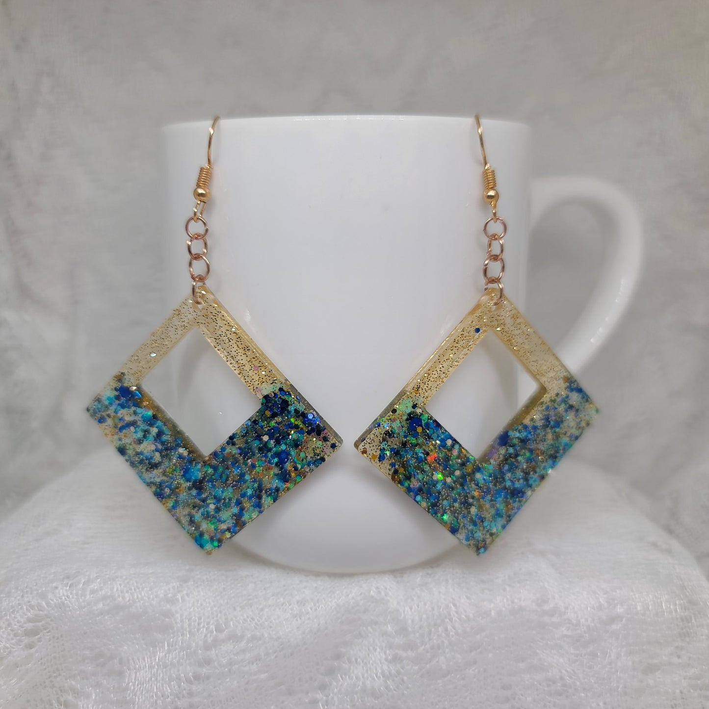 Large Green, Blue, & Gold Glitter Statement Earrings
