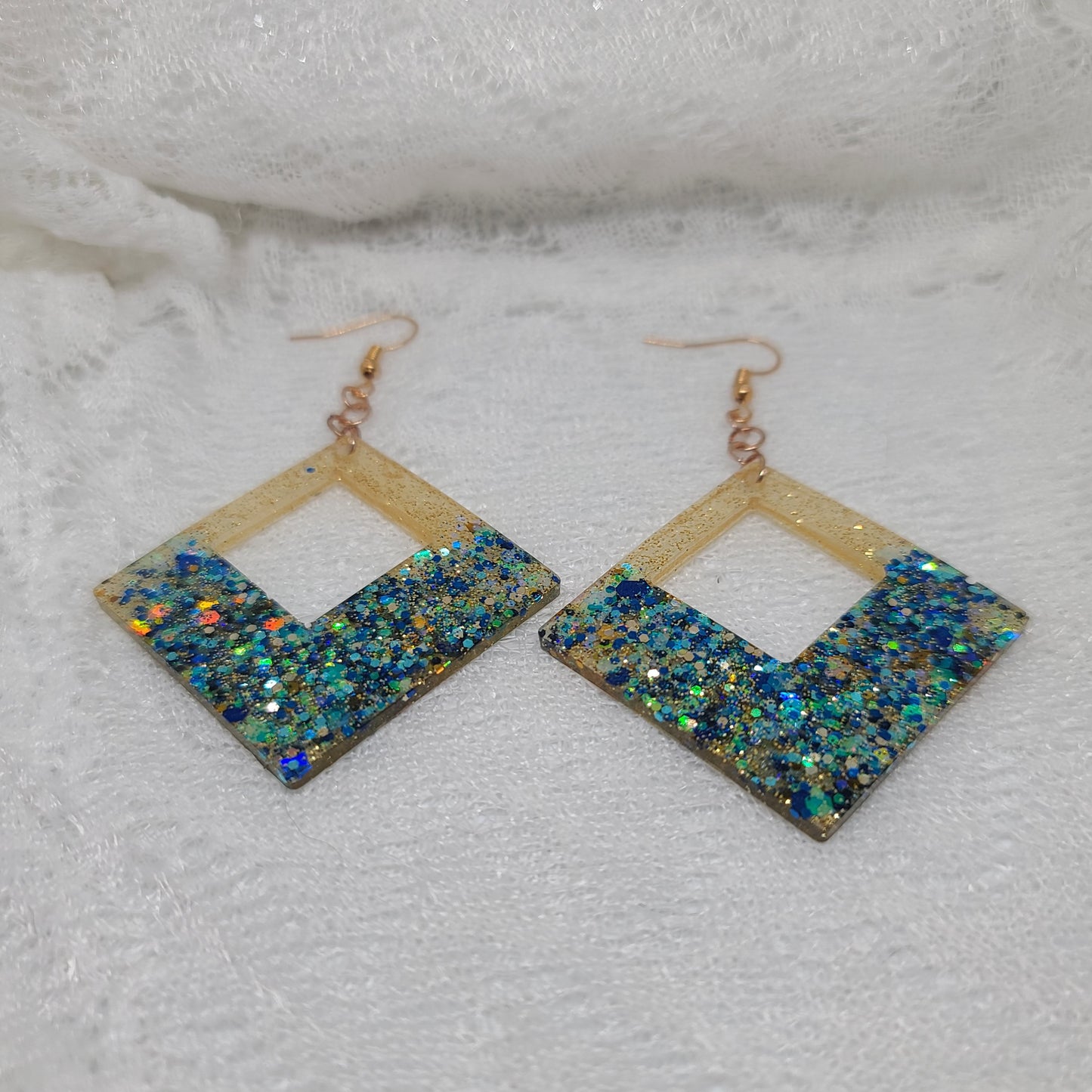 Large Green, Blue, & Gold Glitter Statement Earrings