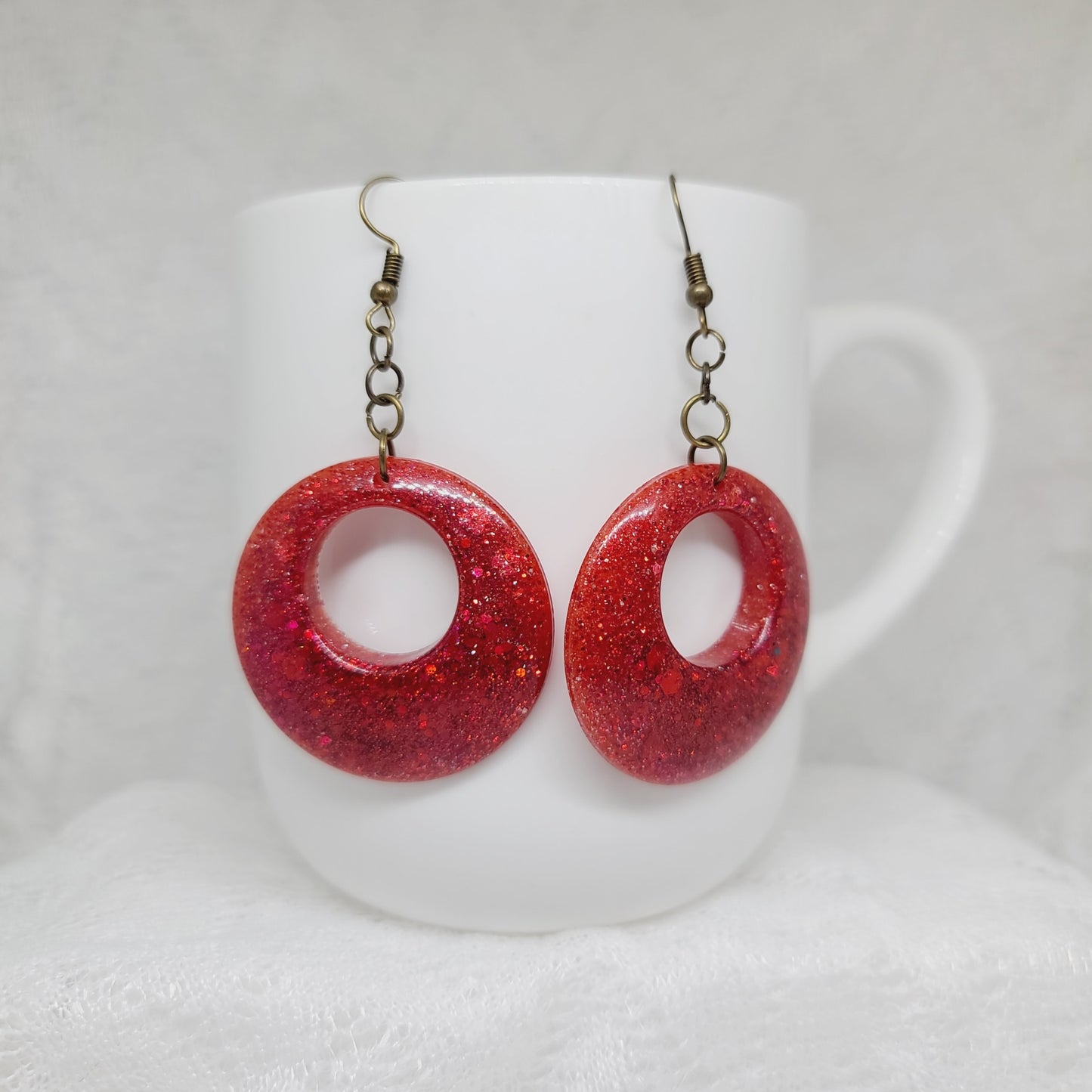Round Red Glitter Dangle Earrings
