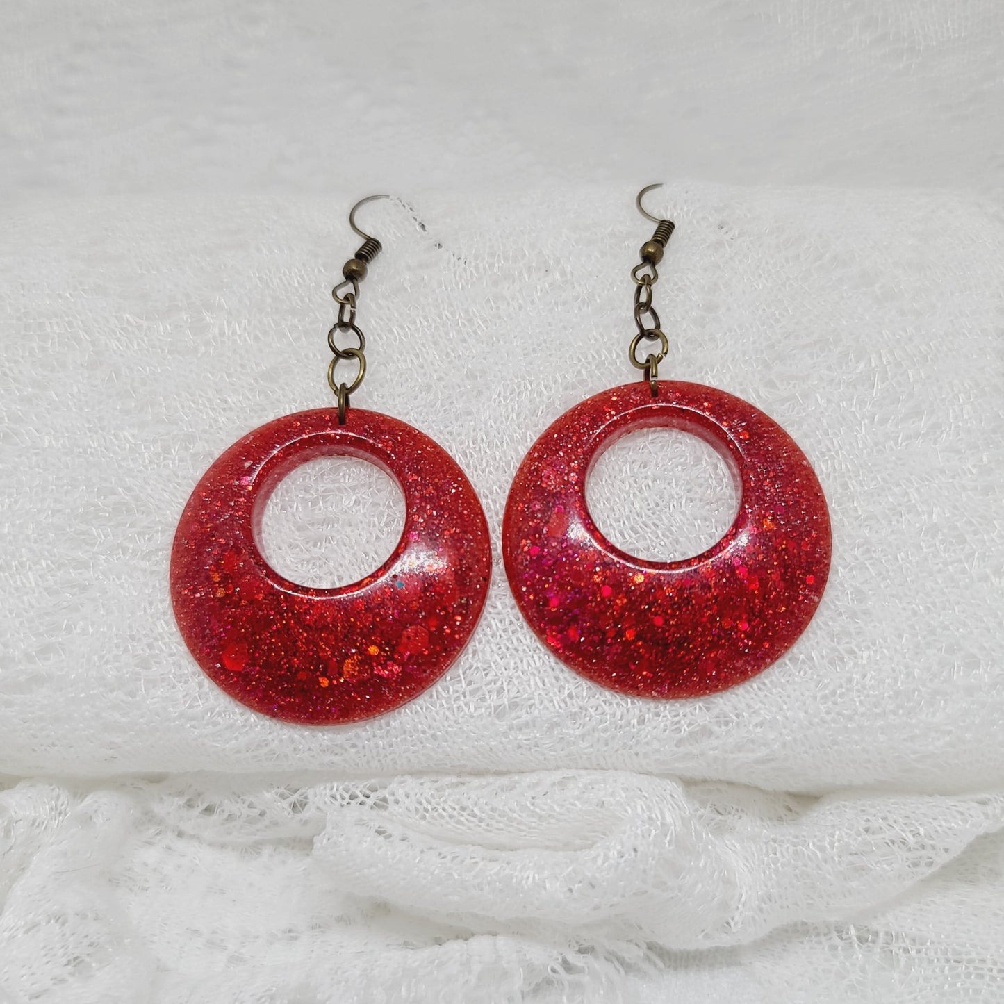 Round Red Glitter Dangle Earrings