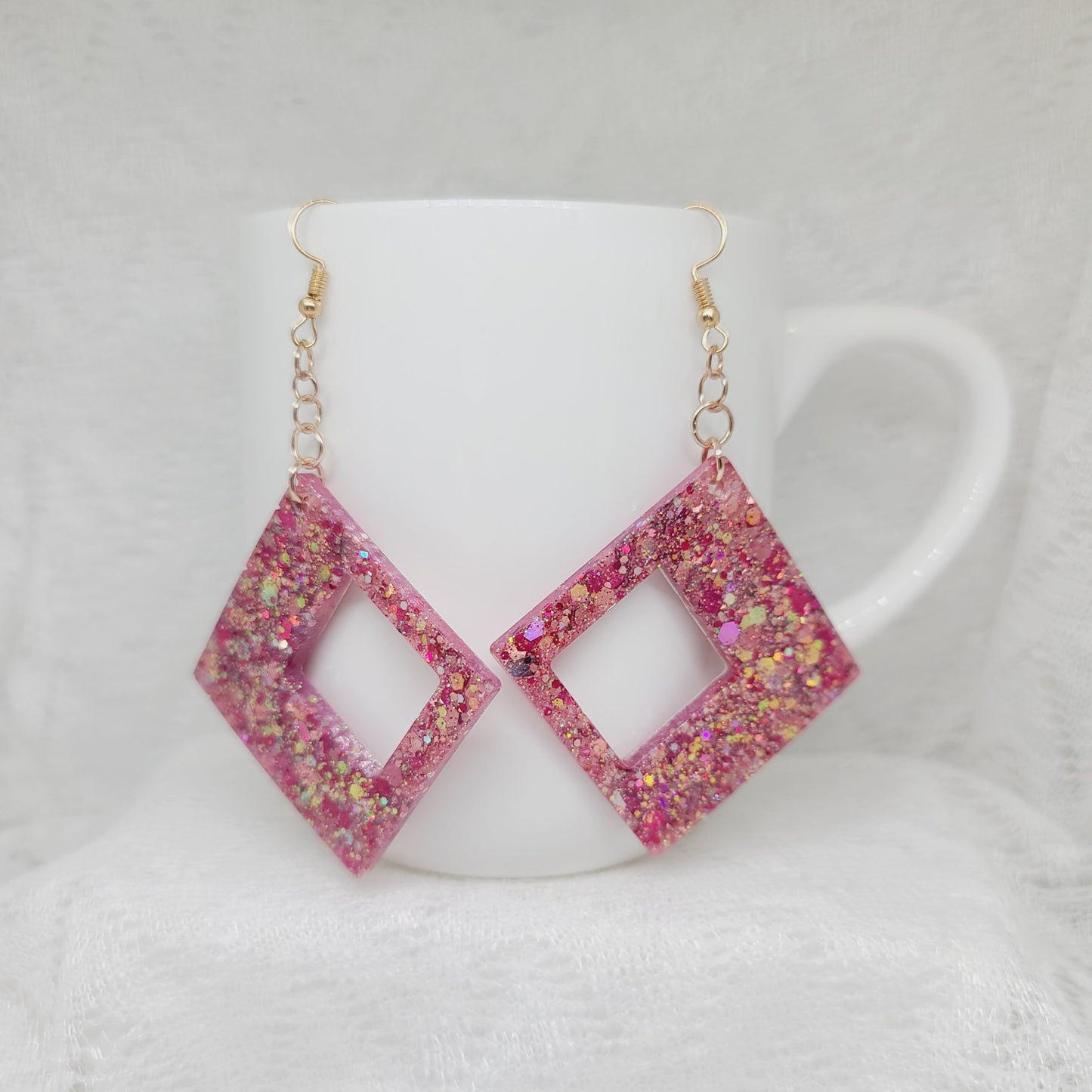 Large Pink & Gold Chunky Glitter Statement Earrings