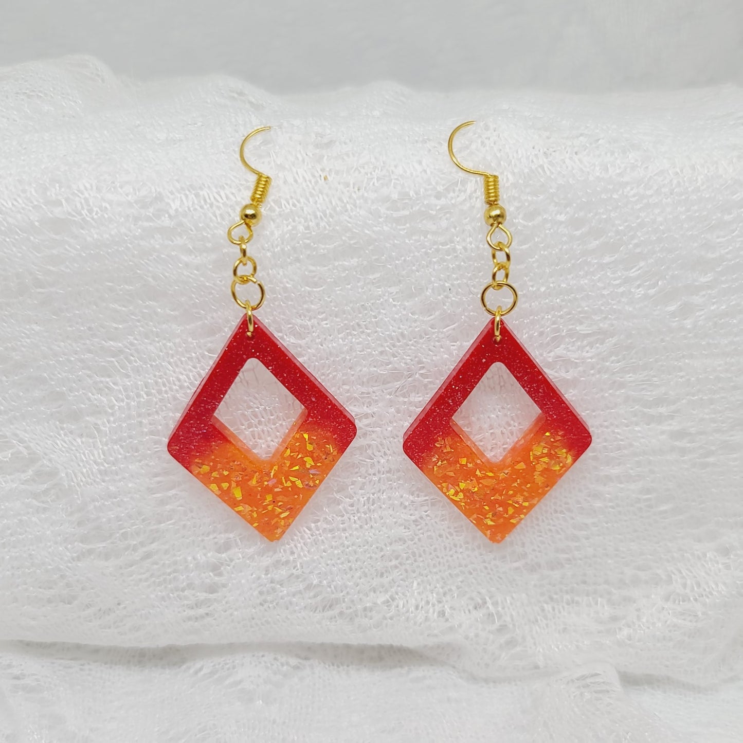 Red & Orange Gold Glitter Triangle Dangle Earrings
