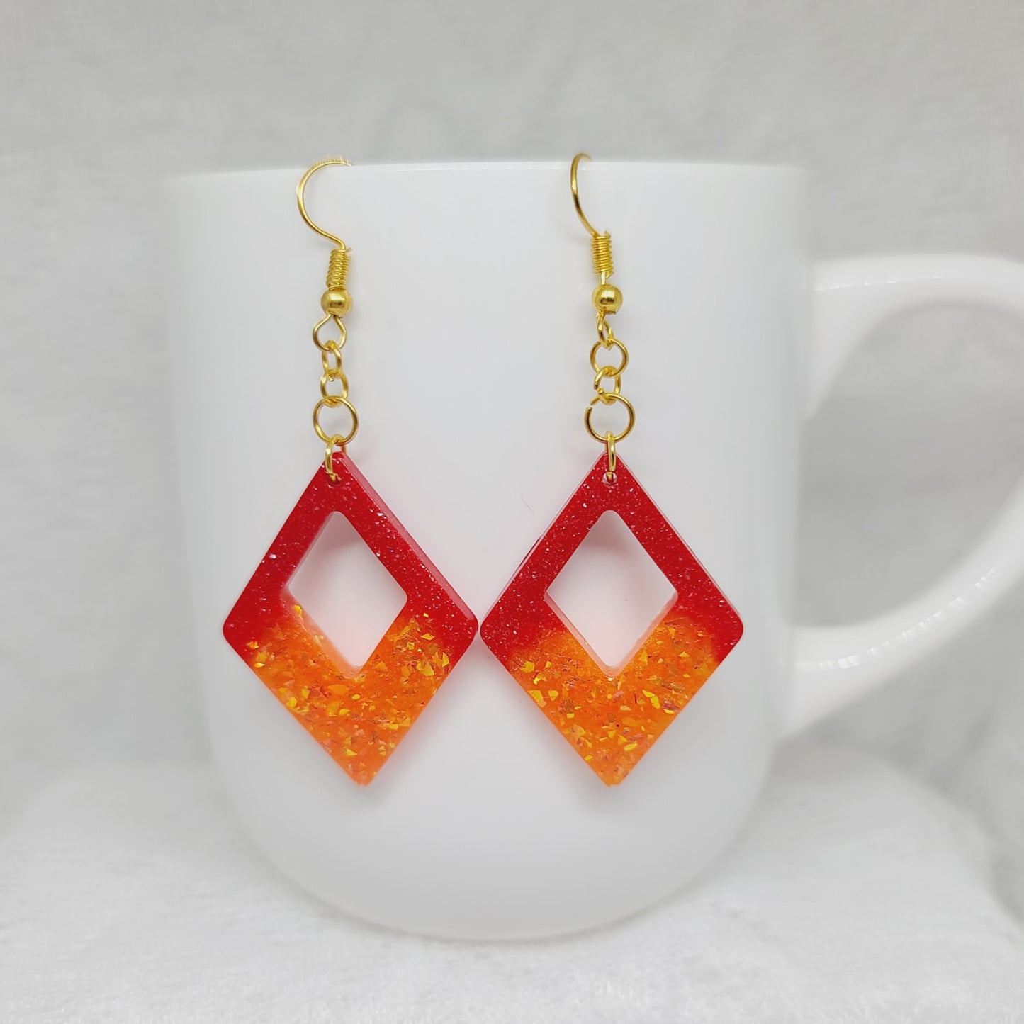 Red & Orange Gold Glitter Triangle Dangle Earrings