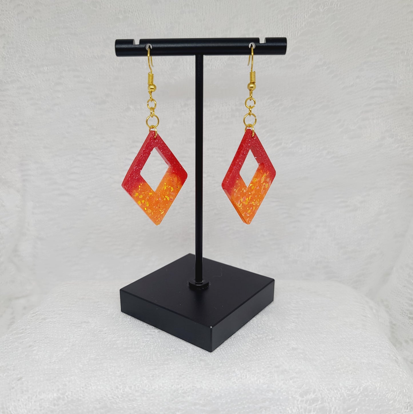 Red & Orange Gold Glitter Triangle Dangle Earrings