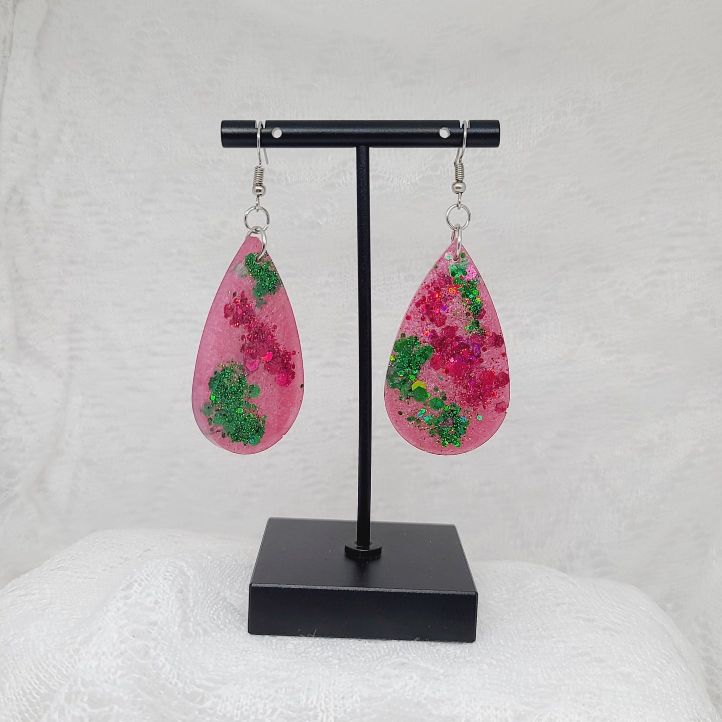 Pink & Green Chunky Glitter Teardrop Earrings