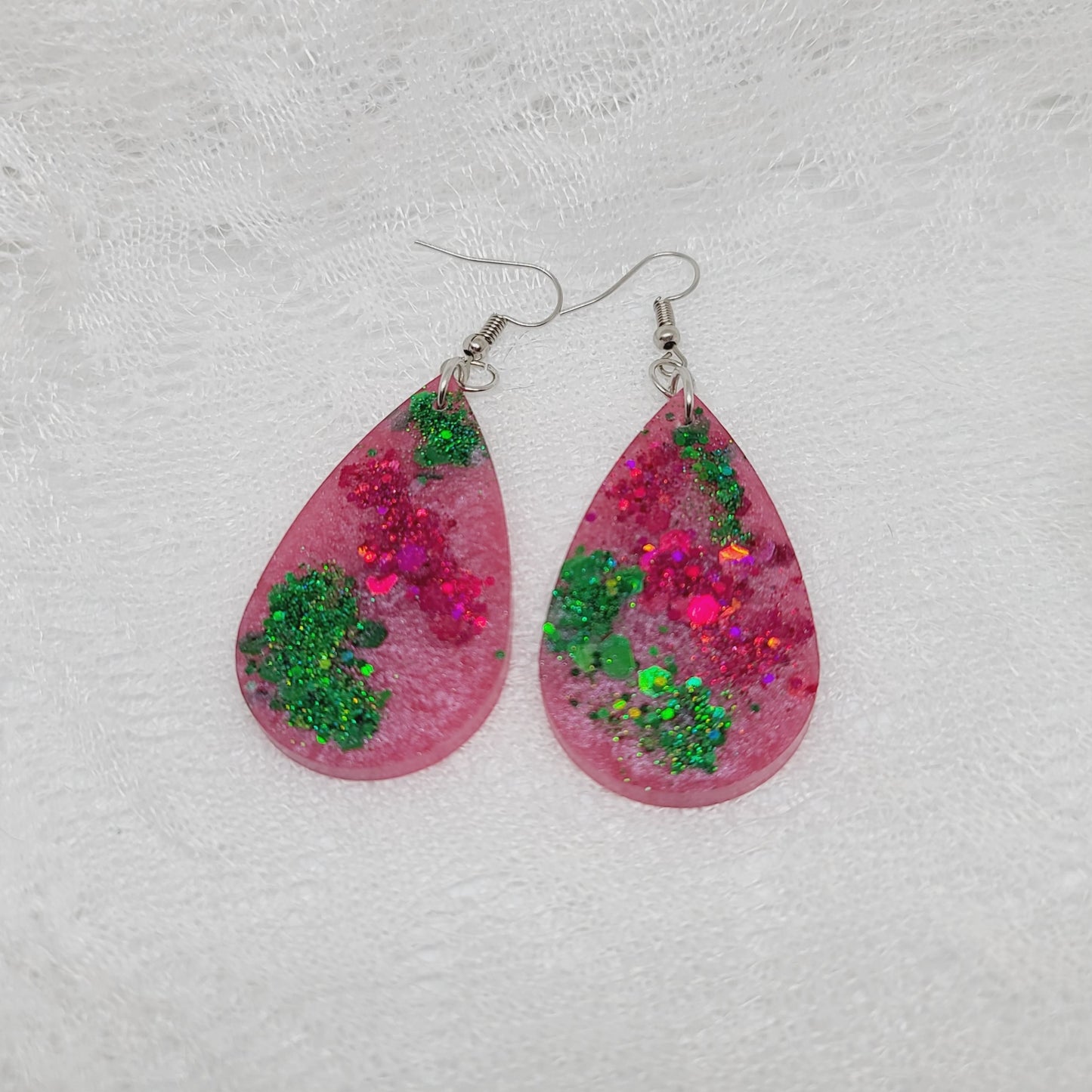 Pink & Green Chunky Glitter Teardrop Earrings