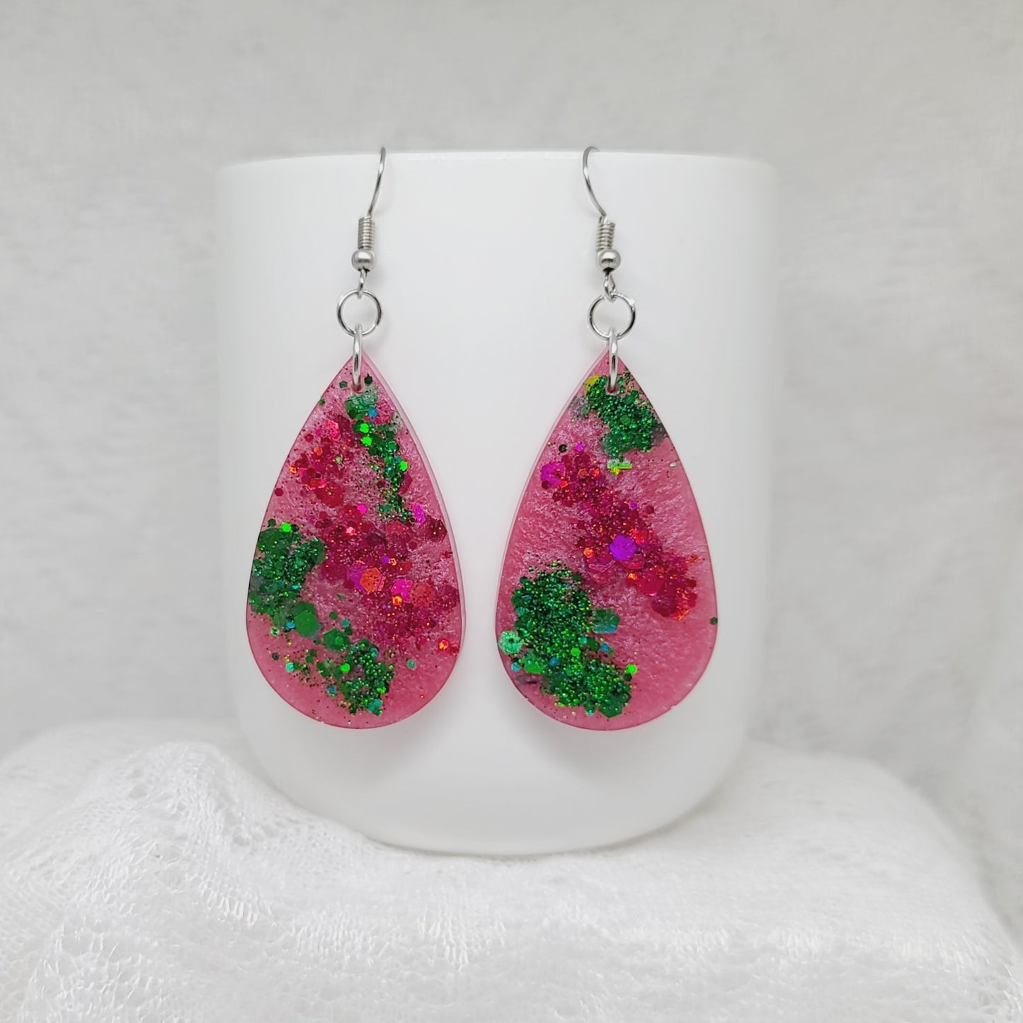 Pink & Green Chunky Glitter Teardrop Earrings