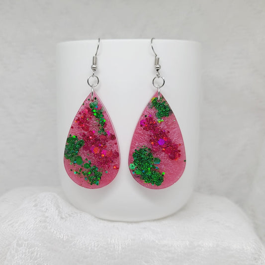 Pink & Green Chunky Glitter Teardrop Earrings