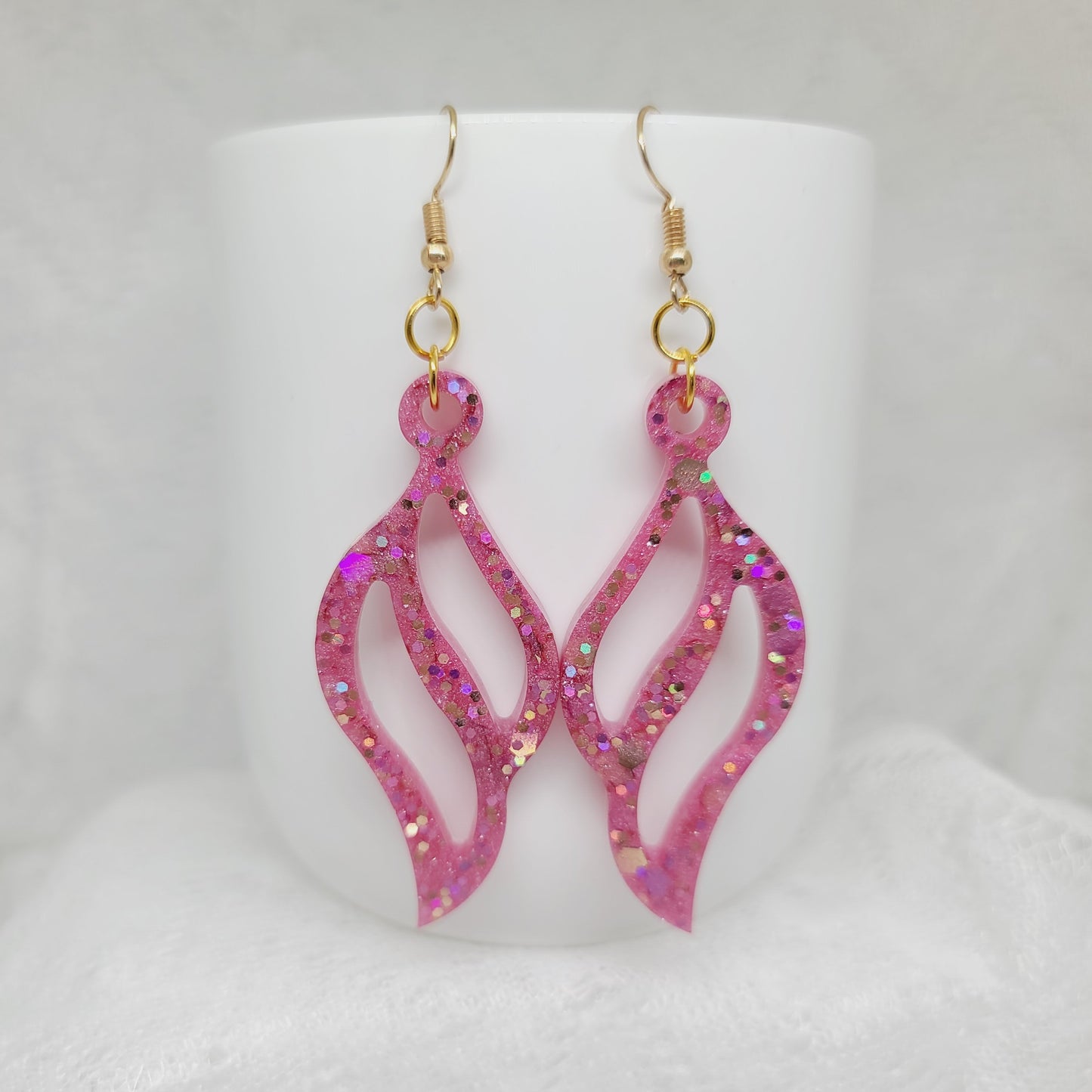Pink & Gold Feather Shaped Dangle Earrings