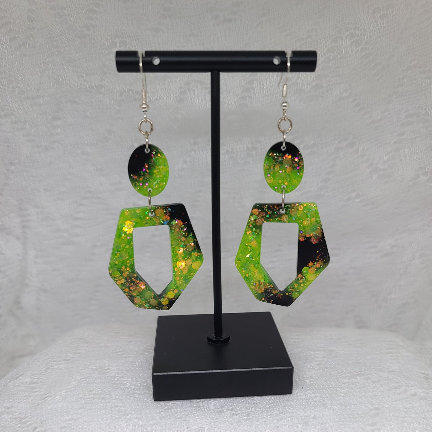 Electric Green & Black Glitter Dangle Statement Earrings