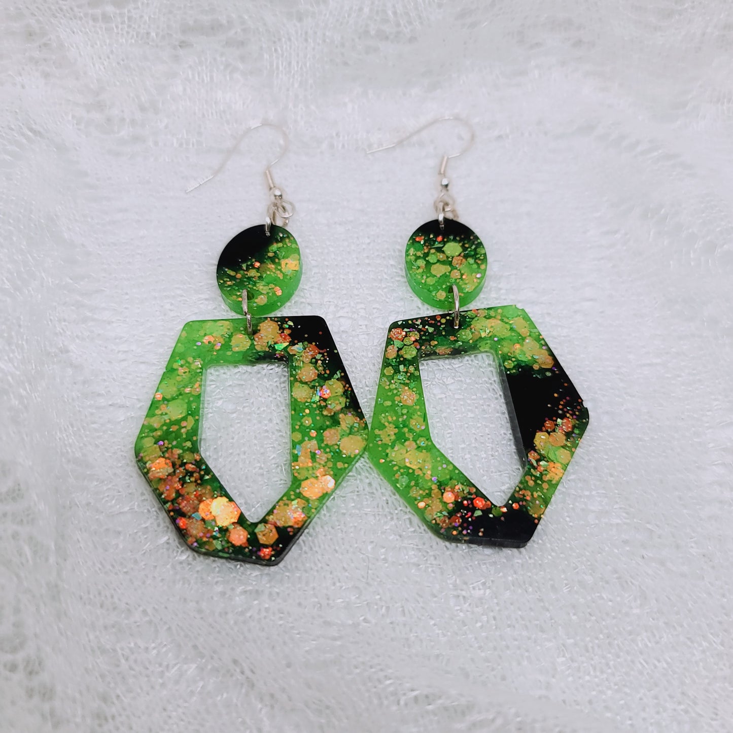 Electric Green & Black Glitter Dangle Statement Earrings