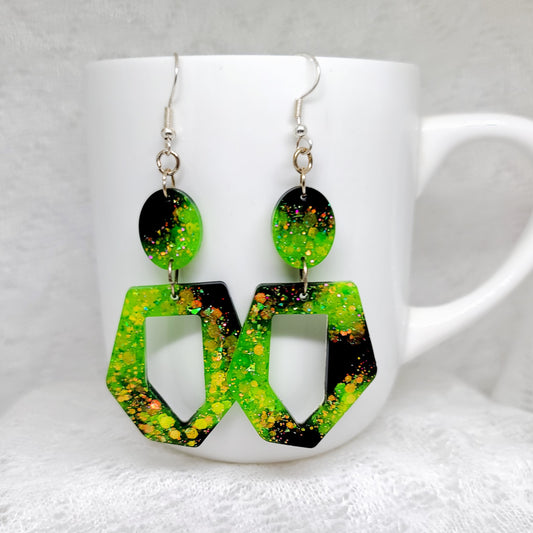 Electric Green & Black Glitter Dangle Statement Earrings