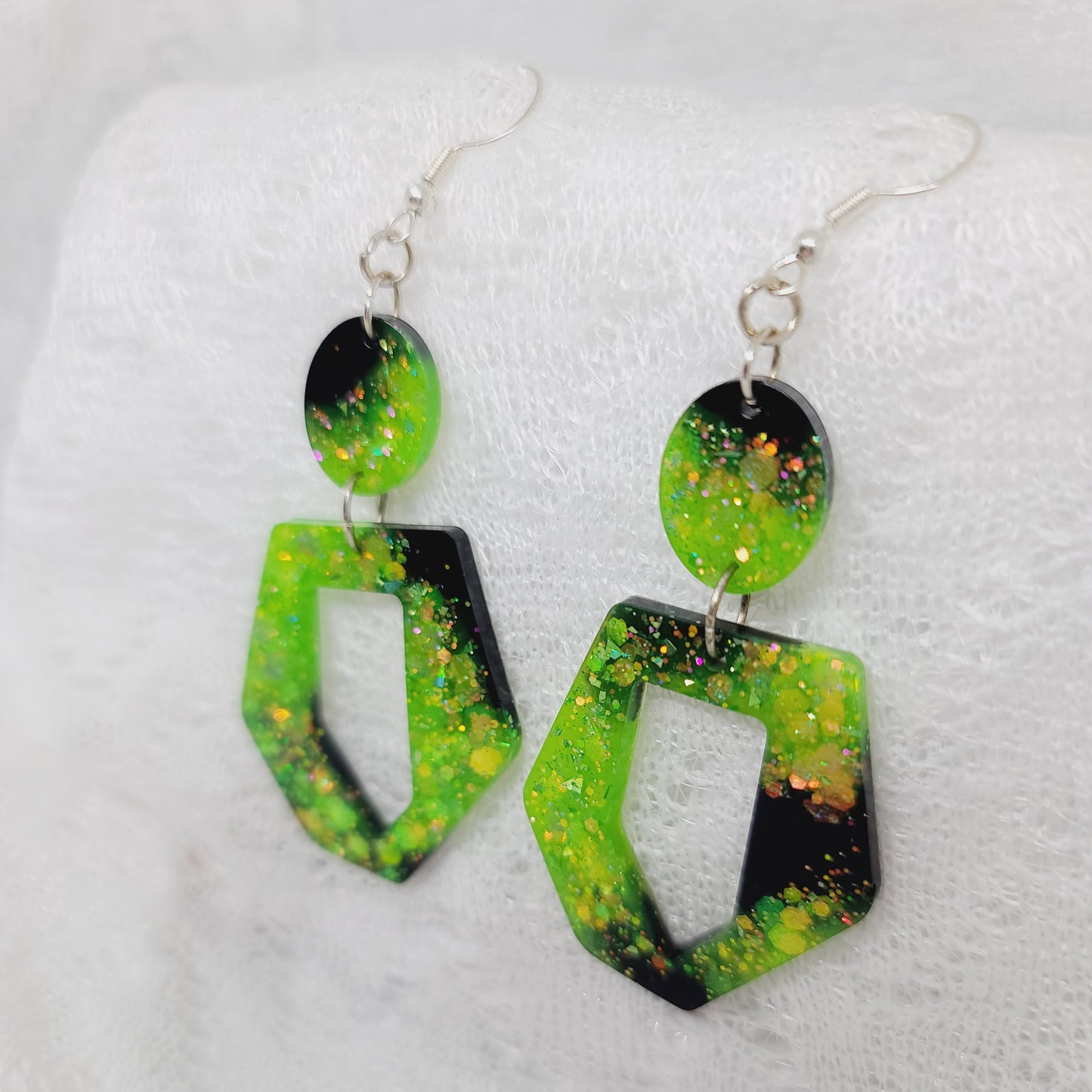 Electric Green & Black Glitter Dangle Statement Earrings