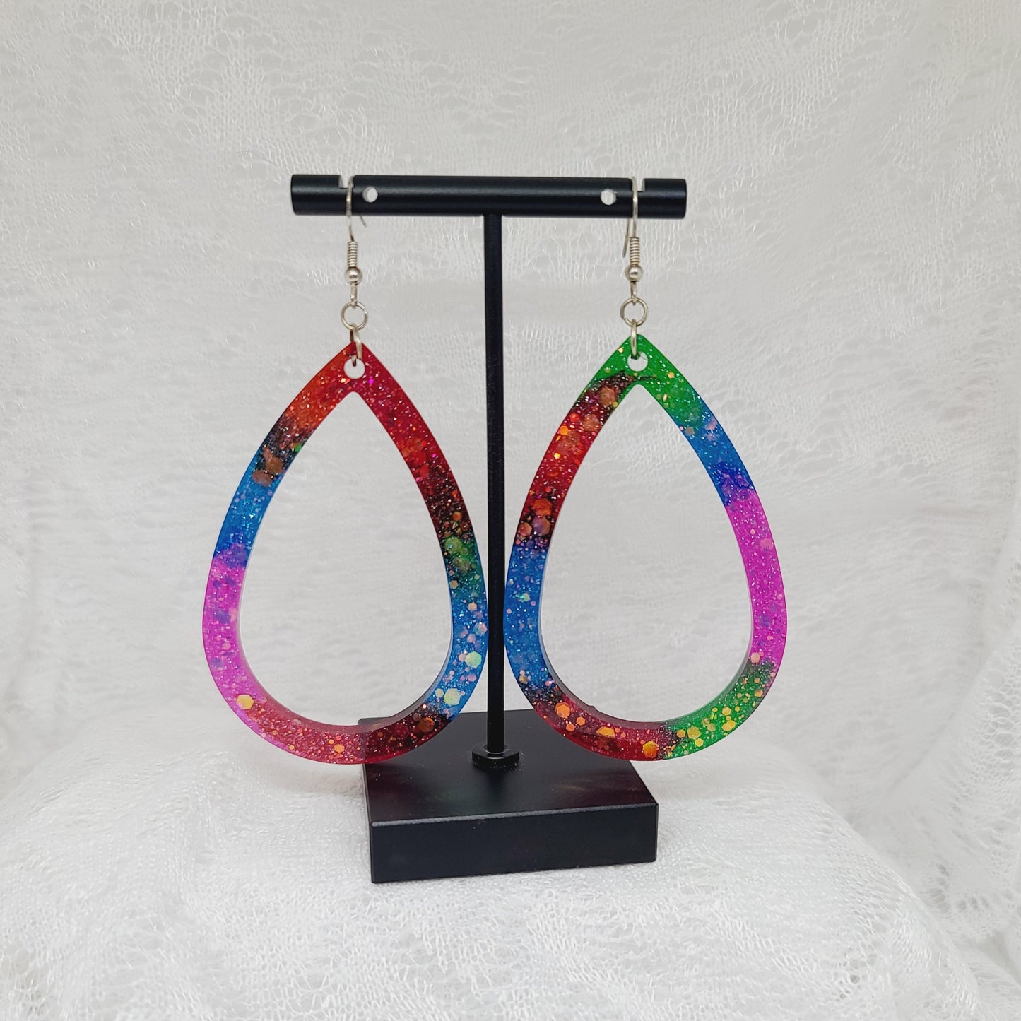Large Rainbow Glitter Teardrop Statement Dangle Earrings
