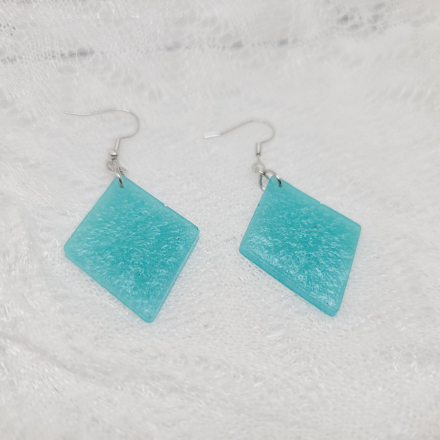 Aqua Blue Triangle Dangle Earrings, Diamond Shaped Blue Glitter