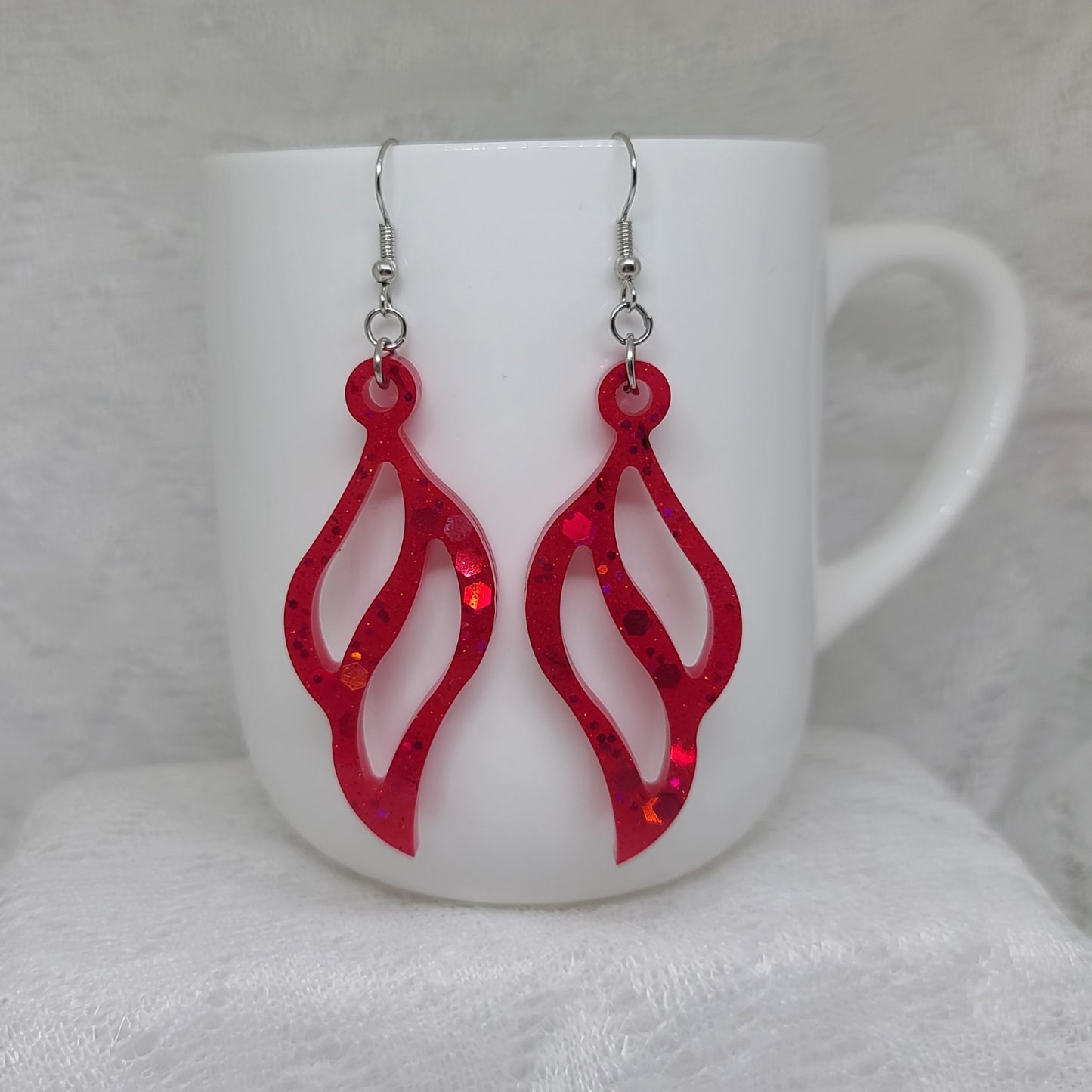 Red Glitter Feather Shaped Dangle Earrings, Wings