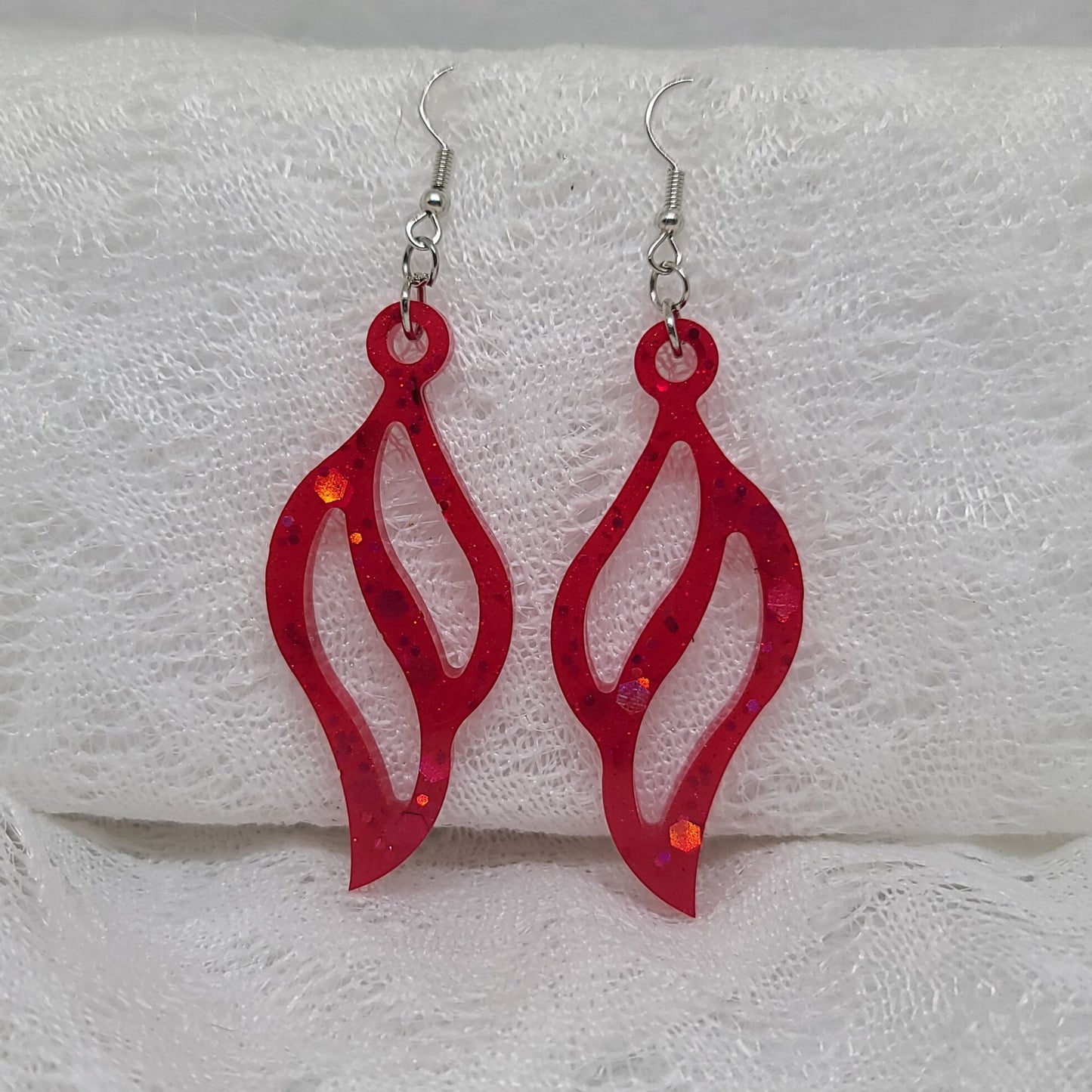 Red Glitter Feather Shaped Dangle Earrings, Wings