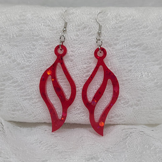 Red Glitter Feather Shaped Dangle Earrings, Wings