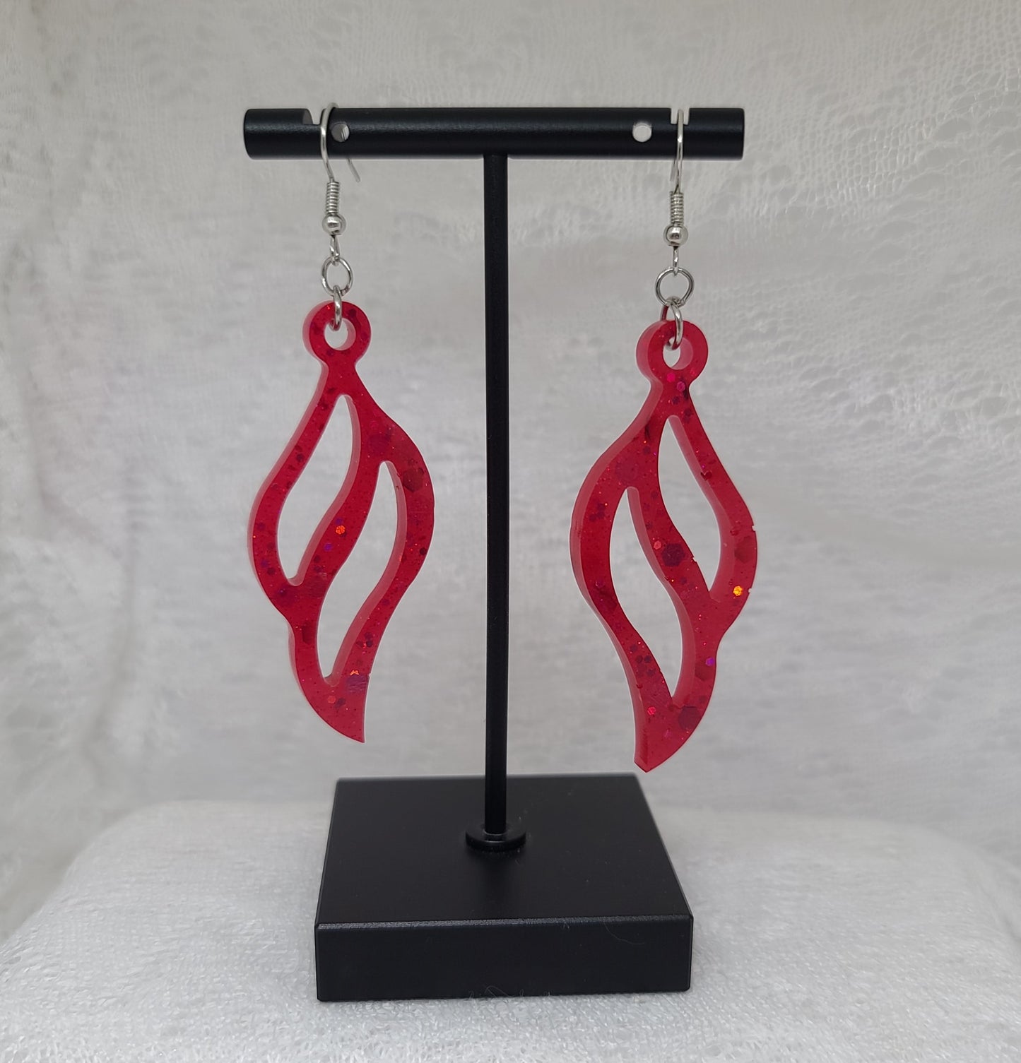 Red Glitter Feather Shaped Dangle Earrings, Wings