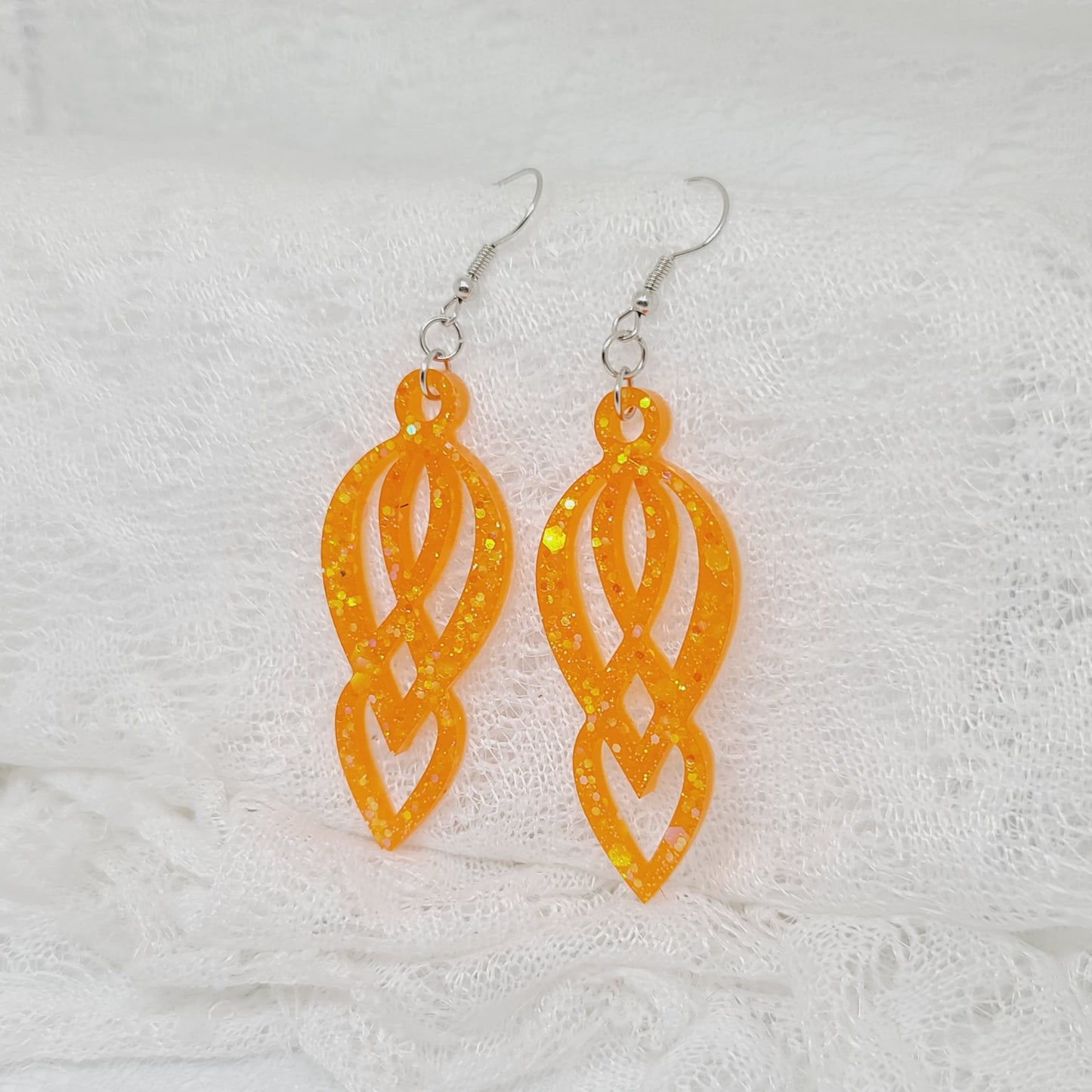Orange Glitter Chandelier Dangle Statement Earrings