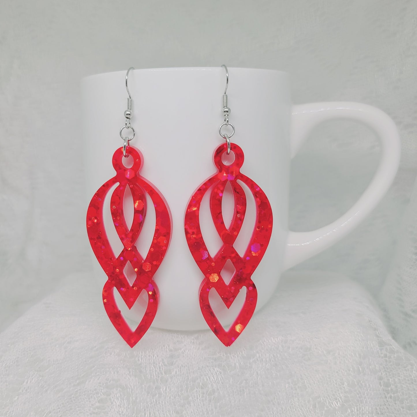 Red Glitter Chandelier Dangle Statement Earrings