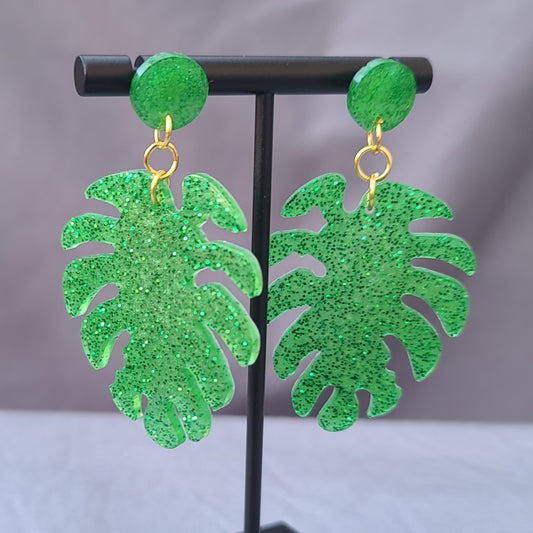 Green Glitter Monstera Leaf Dangle Earrings
