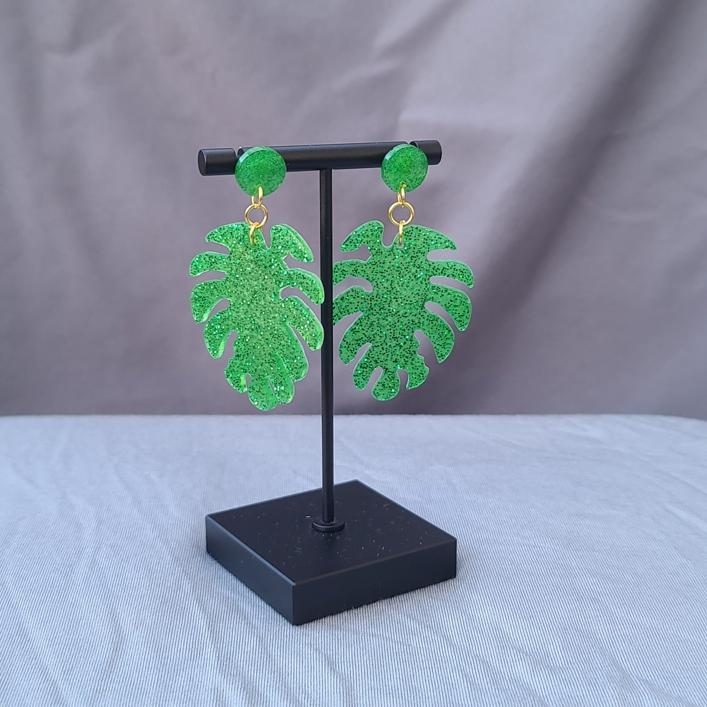 Green Glitter Monstera Leaf Dangle Earrings
