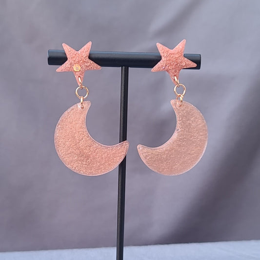 Peachy Pink Star & Moon Dangle Earrings