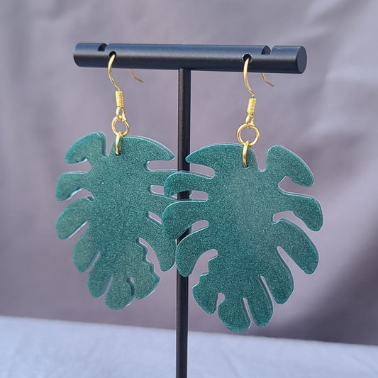 Green Monstera Leaf Dangle Earrings
