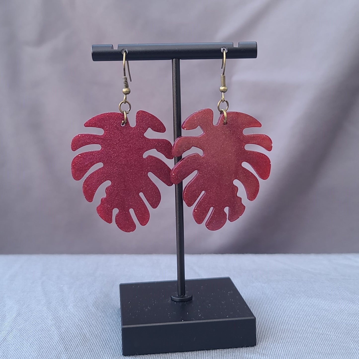 Maroon Red Monstera Leaf Dangle Earrings