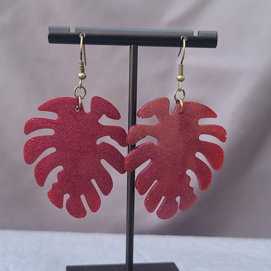 Maroon Red Monstera Leaf Dangle Earrings