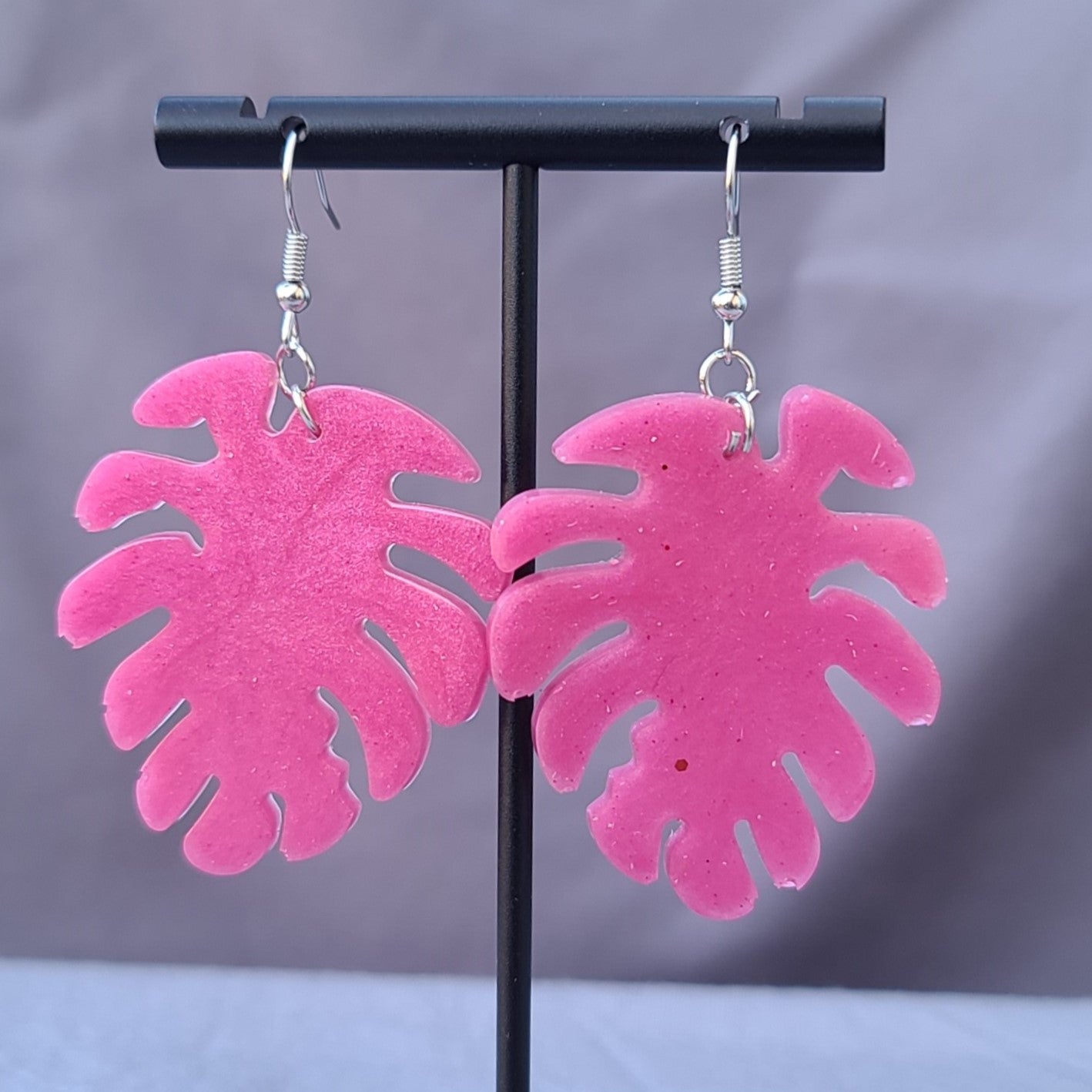 Pink Monstera Leaf Dangle Earrings