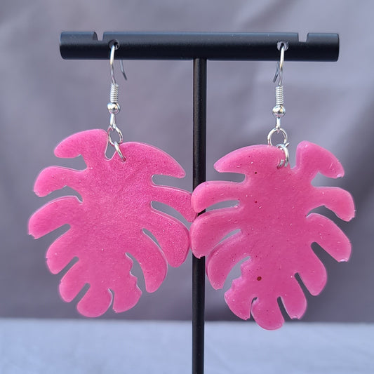 Pink Monstera Leaf Dangle Earrings