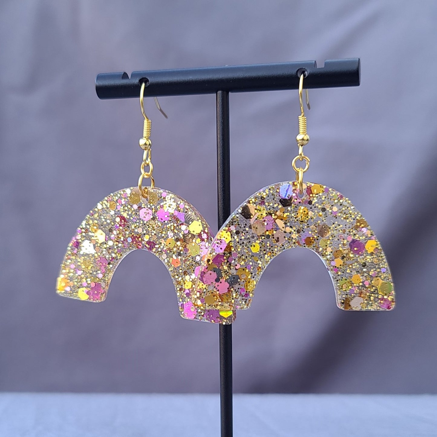 Gold & Pink Chunky Glitter Rainbow Dangle Earrings