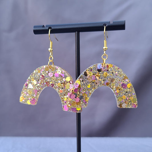 Gold & Pink Chunky Glitter Rainbow Dangle Earrings