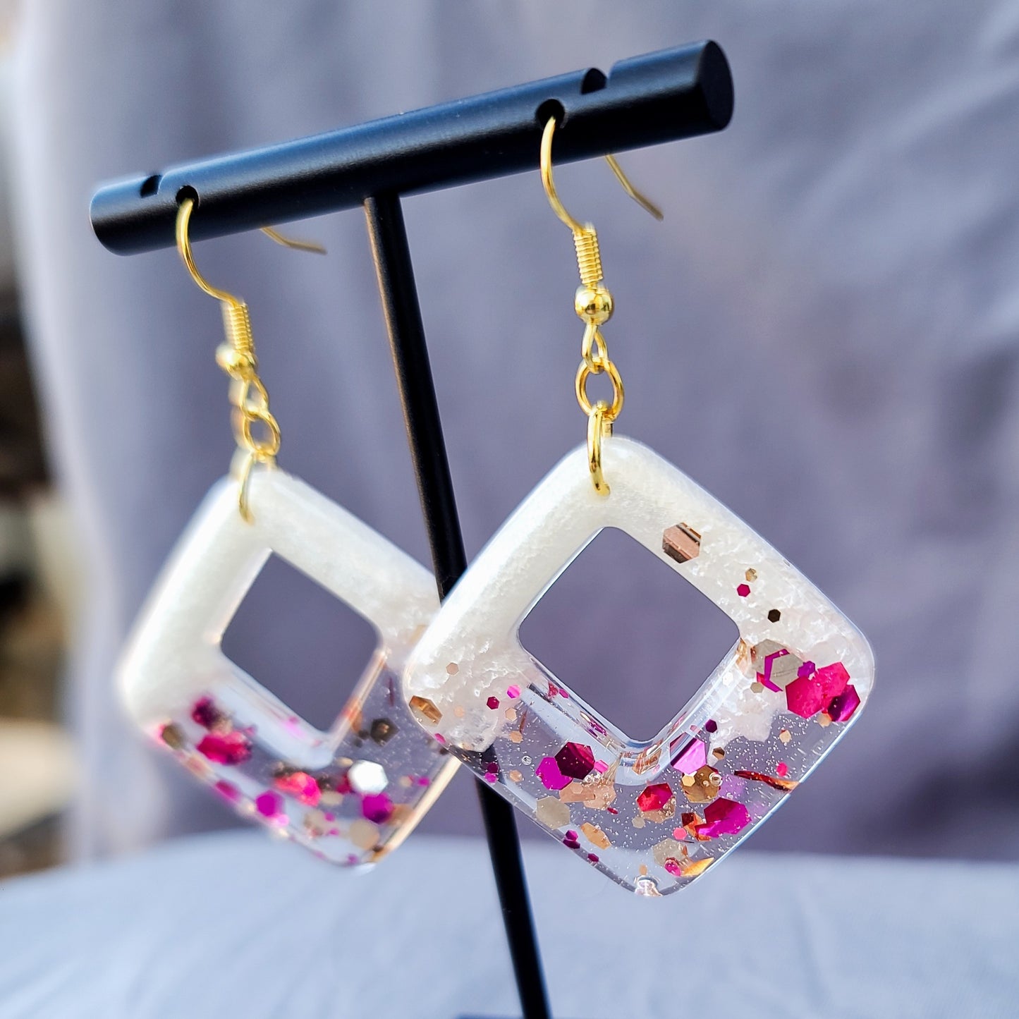 Pink Chunky Glitter & White Triangle Dangle Earrings