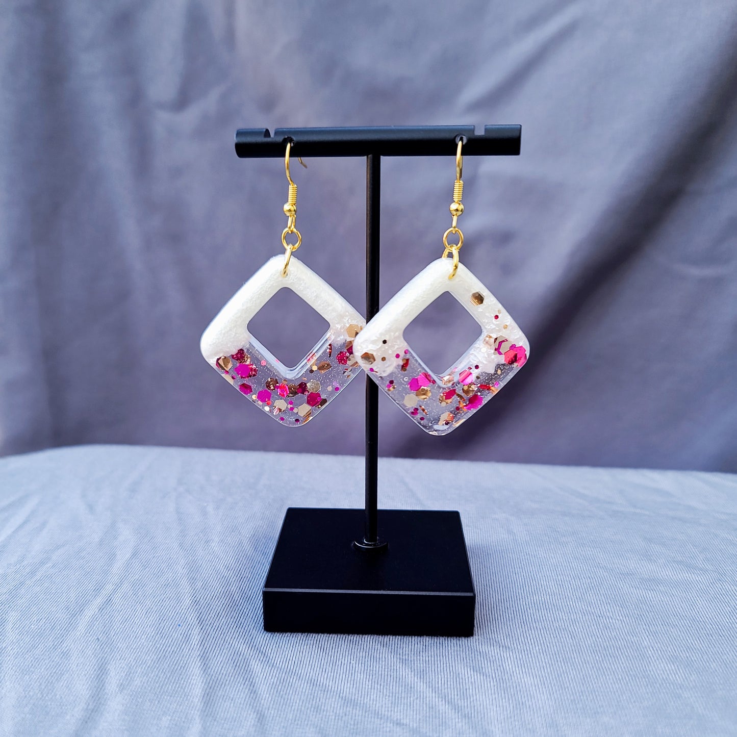 Pink Chunky Glitter & White Triangle Dangle Earrings