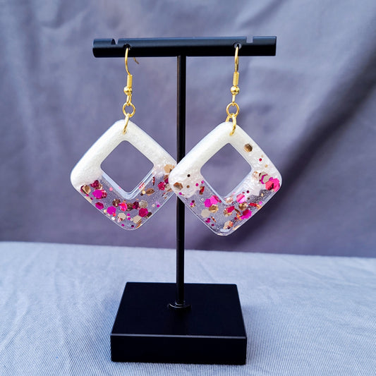 Pink Chunky Glitter & White Triangle Dangle Earrings